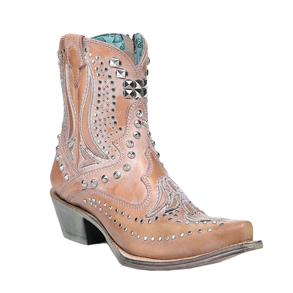 Corral Boots Footwear Corral Boots Women's Tan with Bronze Overlay Embroidery Stud Ankle Booties