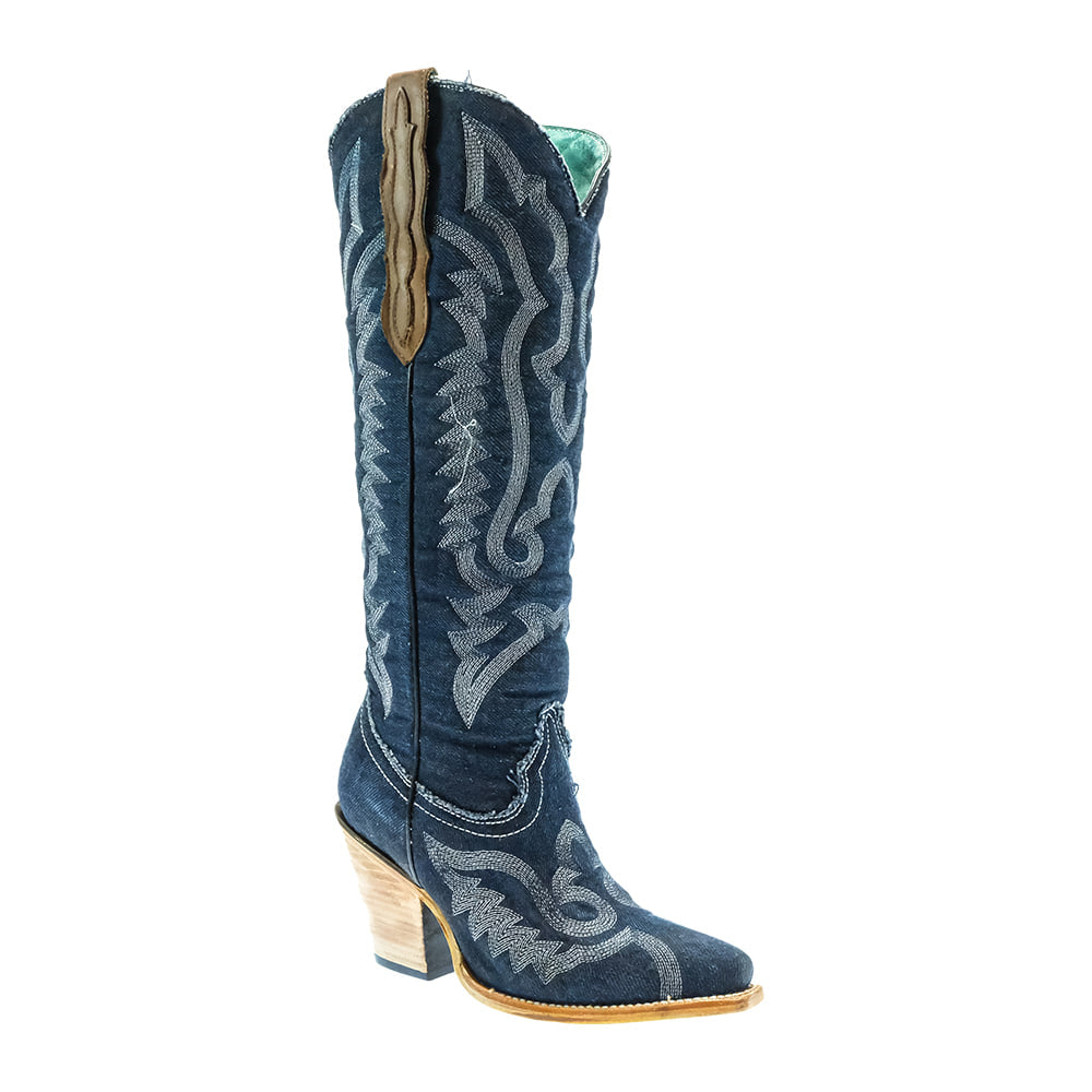 Corral Boots Footwear Corral Women's Leather Distressed Denim White Embroidery Tall Top Boots