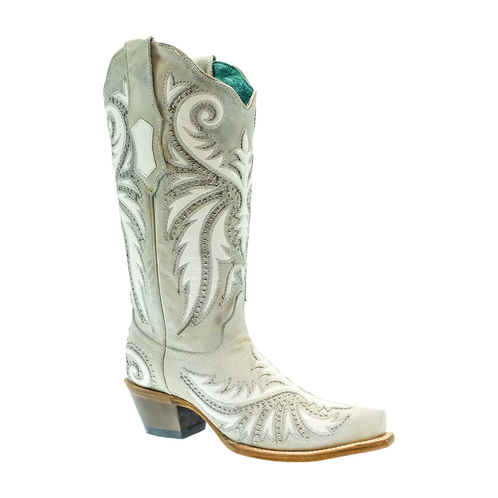 Corral Boots Footwear Corral Women's Leather Distressed Sand Beige Overlay Embroidery Studs Boots