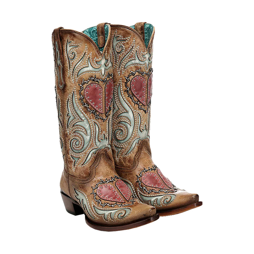 Corral Boots Footwear LD SAND HEART INLAY AND EMBROIDERY AND STUDS AND BARB WIRE WOVEN