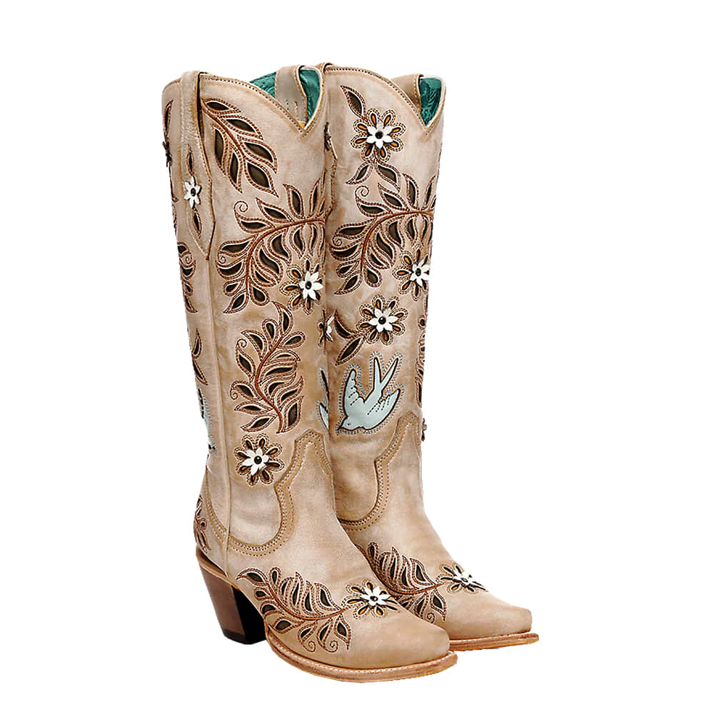 Corral Boots Footwear LD STRAW LASER AND FLOWERS  BIRDS INLAY AND CRYSTALS TALL TOP