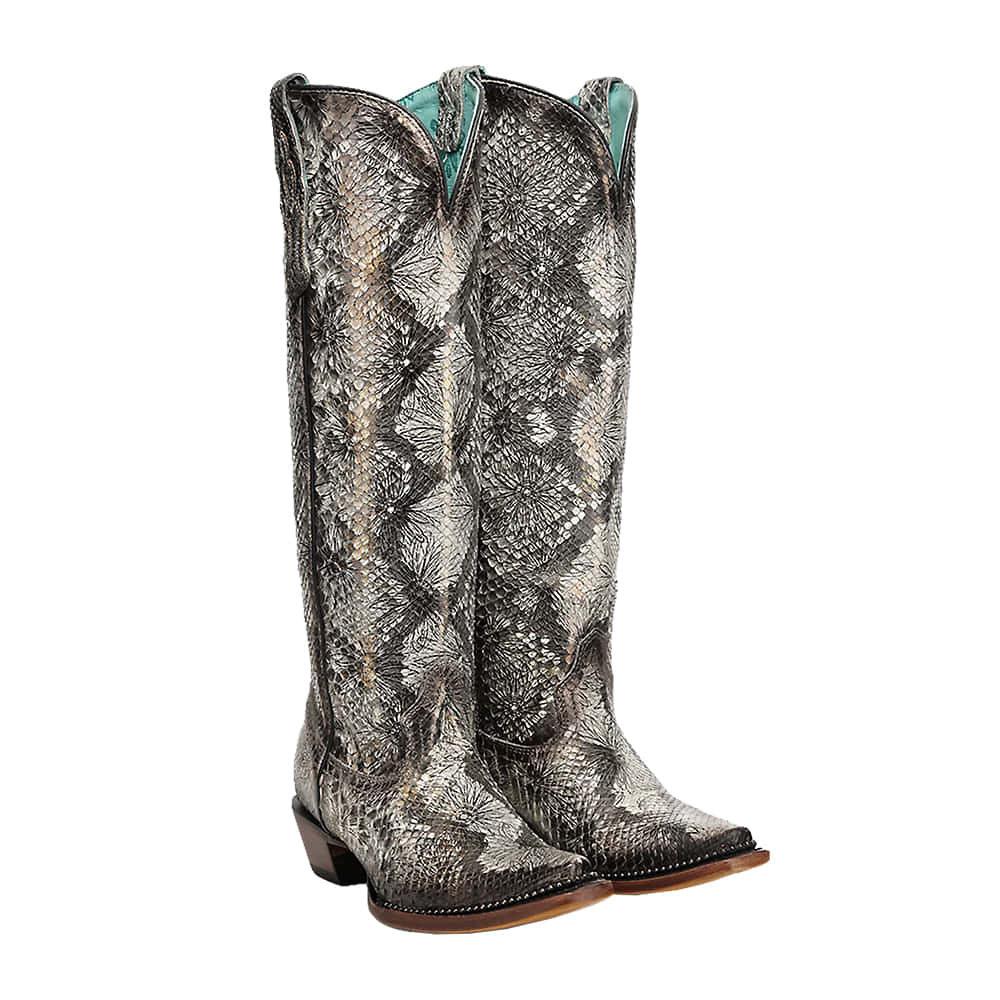 Corral Boots Footwear LD WHITE PYTHON STAMPED FLORAL TALL TOP