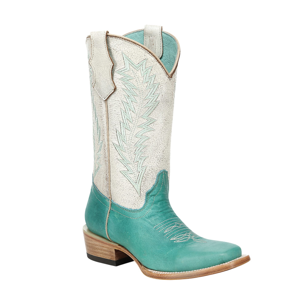 Corral Boots Footwear TAN AQUA LEAF PATTERN EMBROIDERY SQUARE TOE
