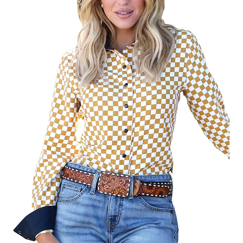 Cruel Denim Apparel Cruel Denim Women's Gold Checker Print Long Sleeve Snap Shirt