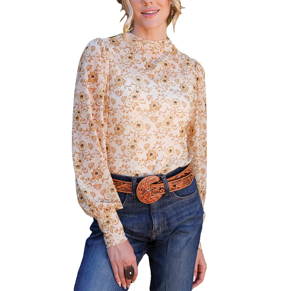 CRUEL GIRL 1000 FASHION Floral Long Sleeve Mesh Blouse