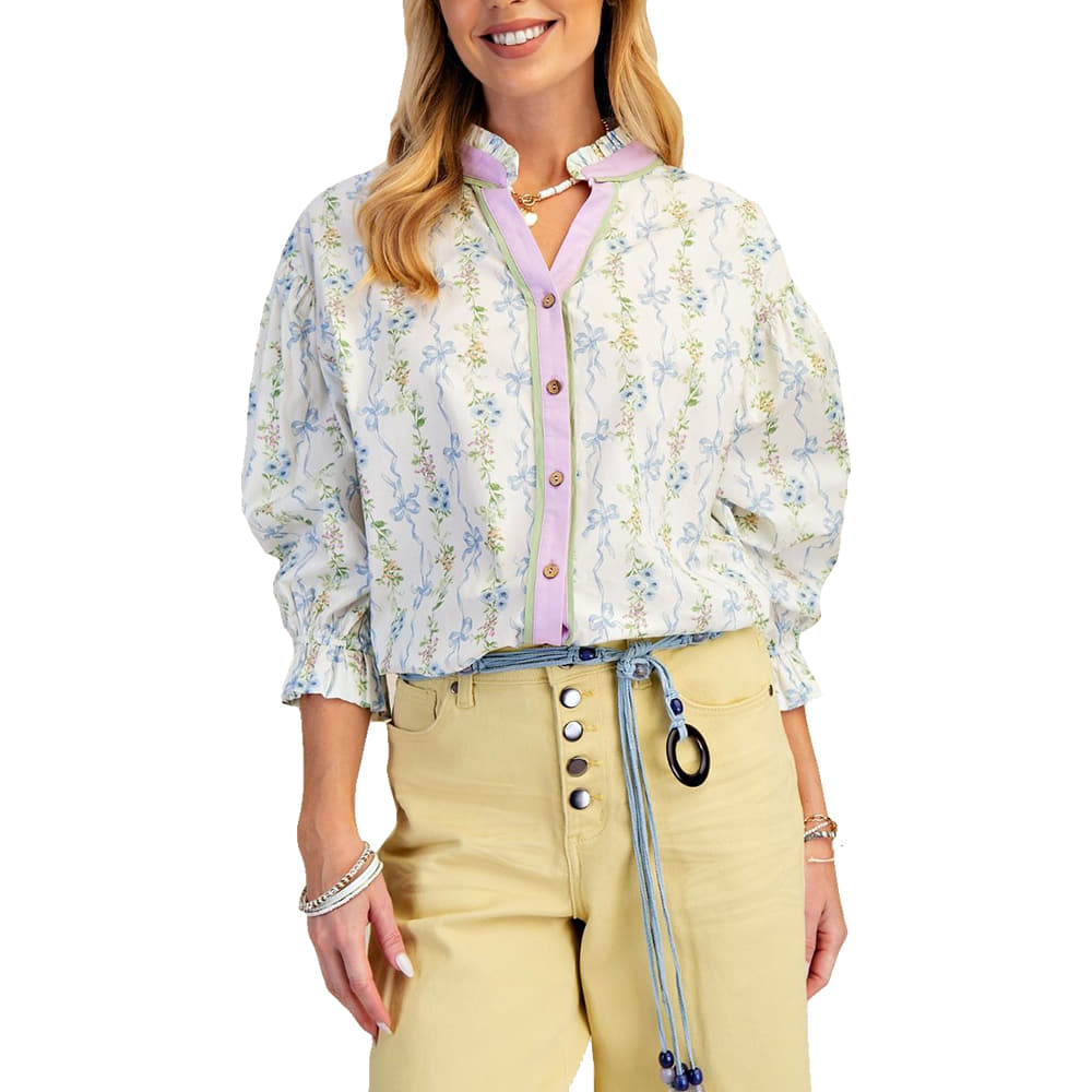 Easel Apparel Easel Women's Blue Floral 3/4" Sleeve Blouse