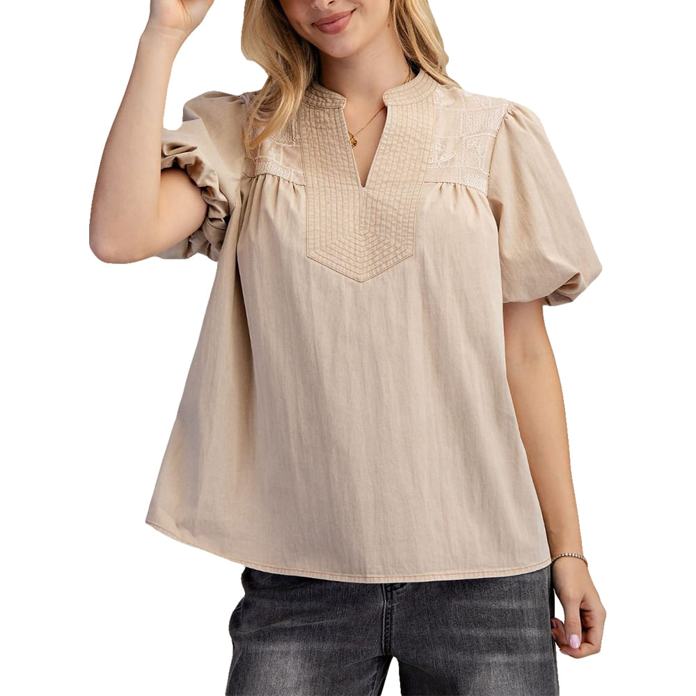 Easel Apparel Easel Women's Khaki Puff Sleeve Embroidered Blouse