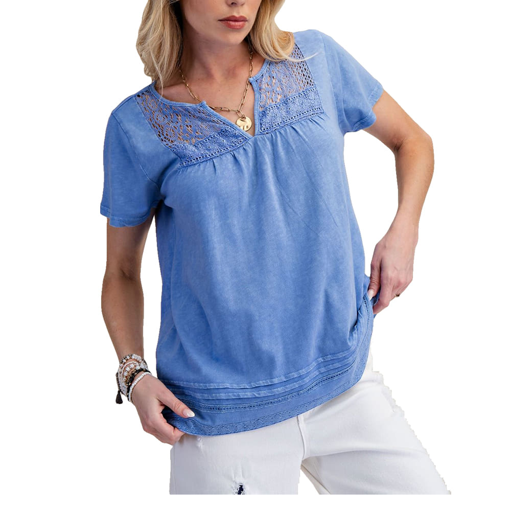 Easel Apparel Easel Women's Lace Trim Lilac Blue Mineral Washed Top