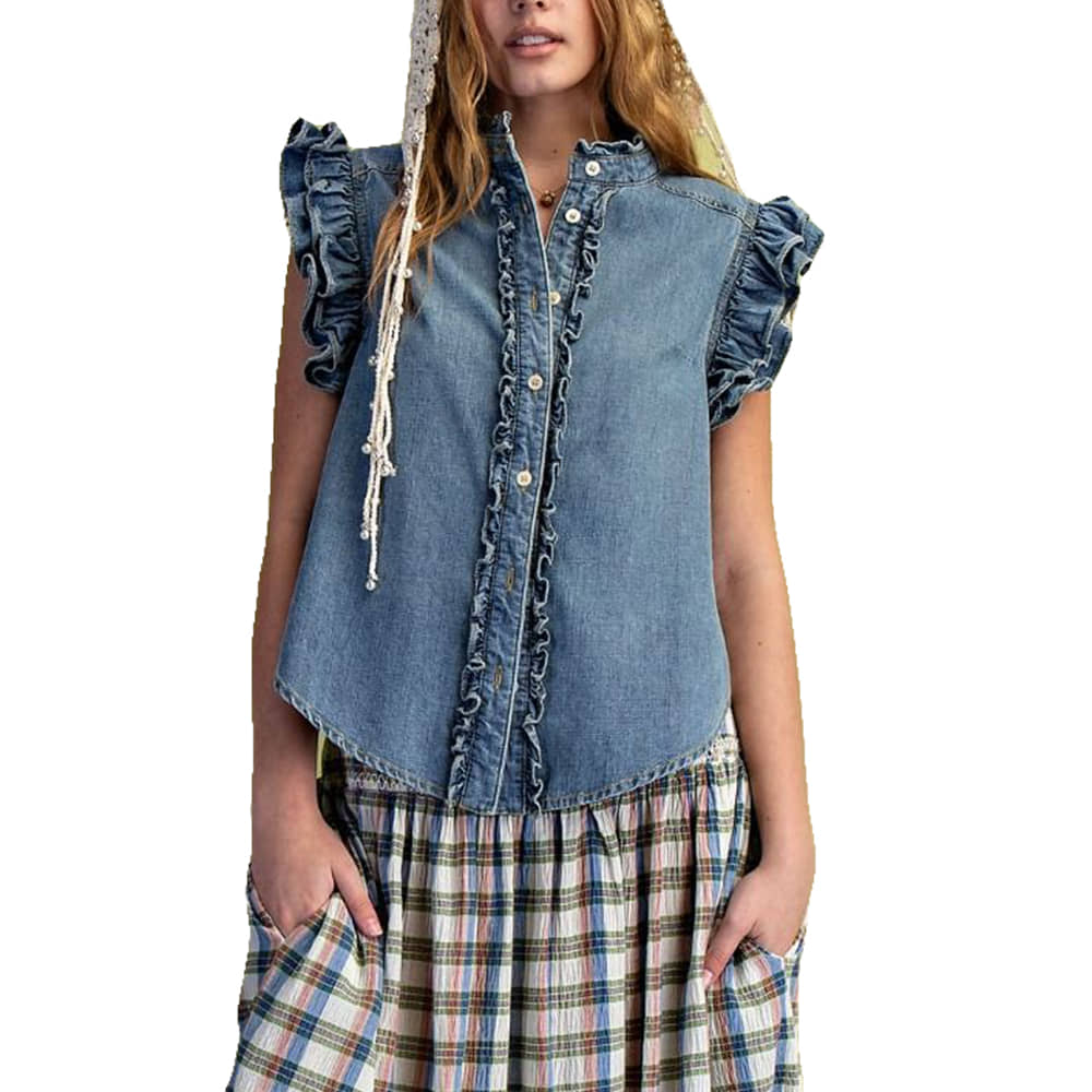 Easel Apparel Easel Women's Washed Denim Ruffle Short Sleeve Blouse