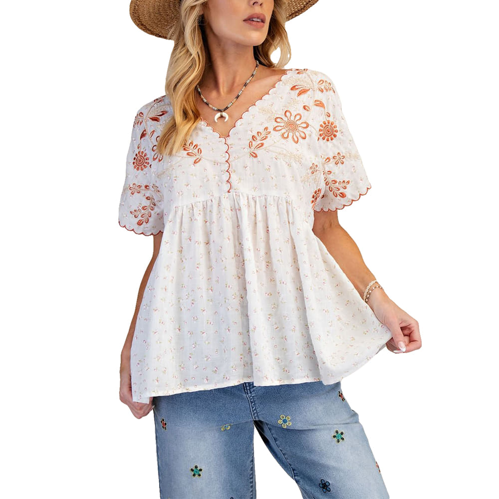 Easel Apparel Embroidery Babydoll Top