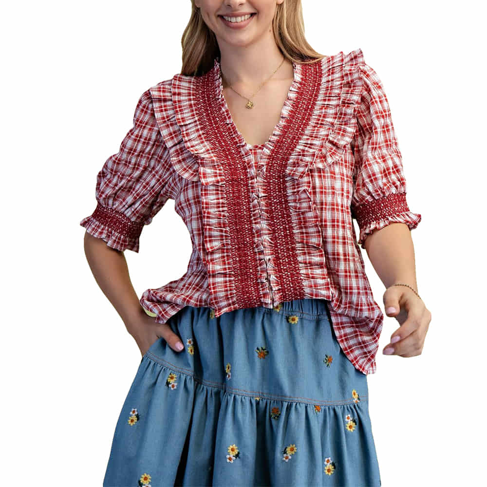 Easel Apparel Plaid Puff Sleeve Blouse