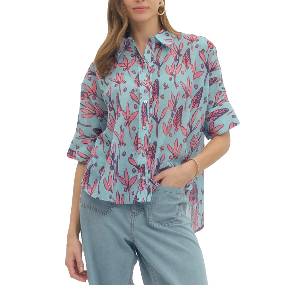 Entro Apparel Entro Women's Light Blue Floral Short Sleeve Button-Down Blouse