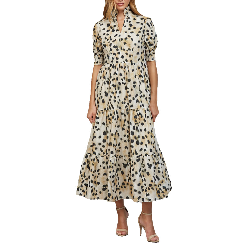 Fate Apparel Animal Print High Neck Ruffled Collar Tiered Maxi Dress