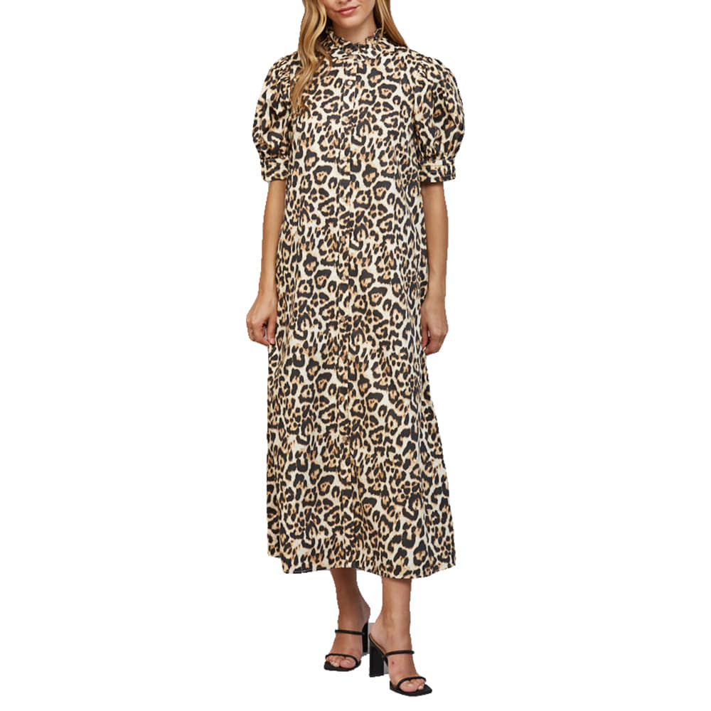 Fate Apparel Animal Print Ruffled High Neckline Button Down Midi Dress