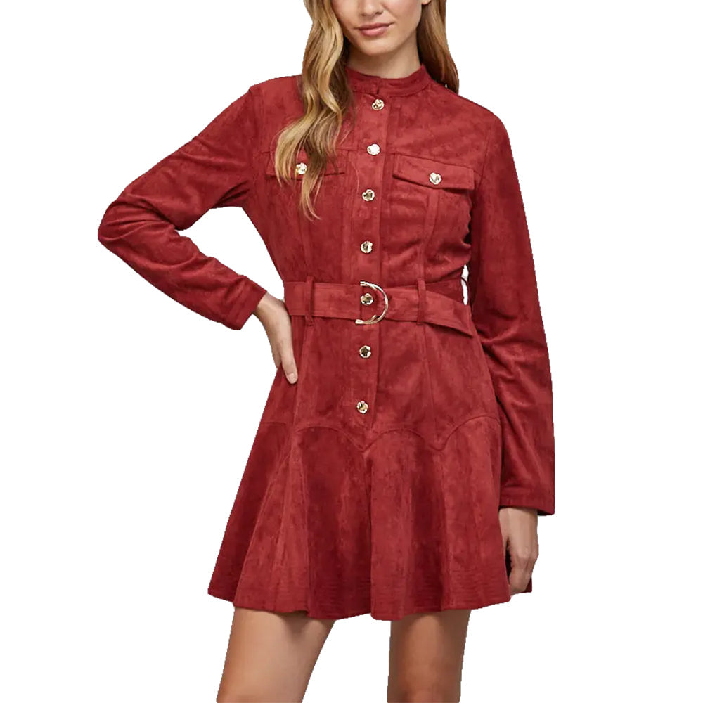 Fate Apparel Chest Flap Pocket And Matching Belt Detail Structured Faux Suede Dress