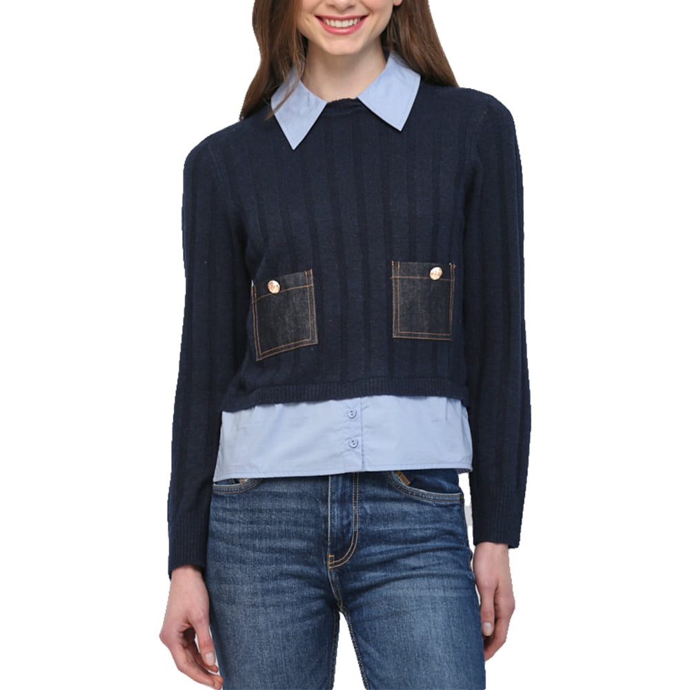 Fate Apparel Denim Patch Pocket Detail Twofer Sweater