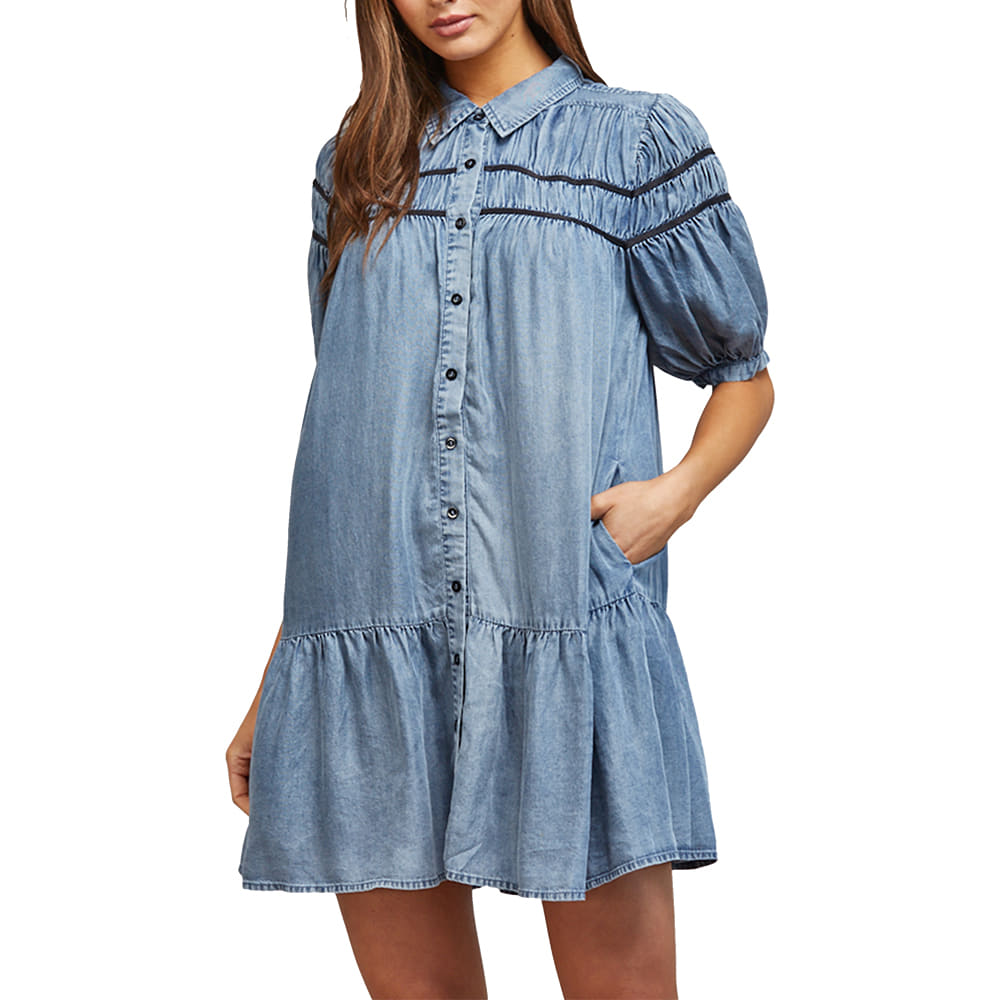 Fate Apparel Smocking Detail With Ribbon Tencel Button Down Dress