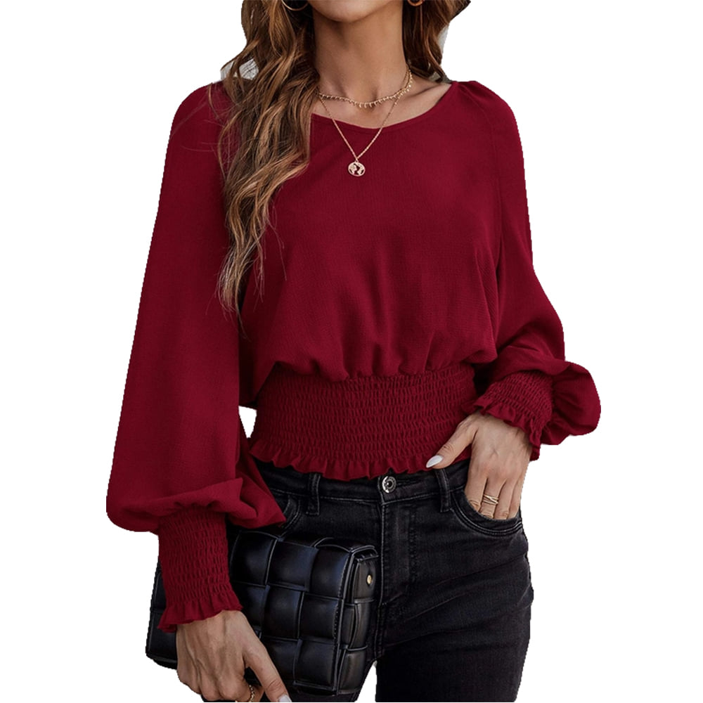 Flarix Apparel Flarix Women's Burgundy Bishop Sleeve Shirred Blouse