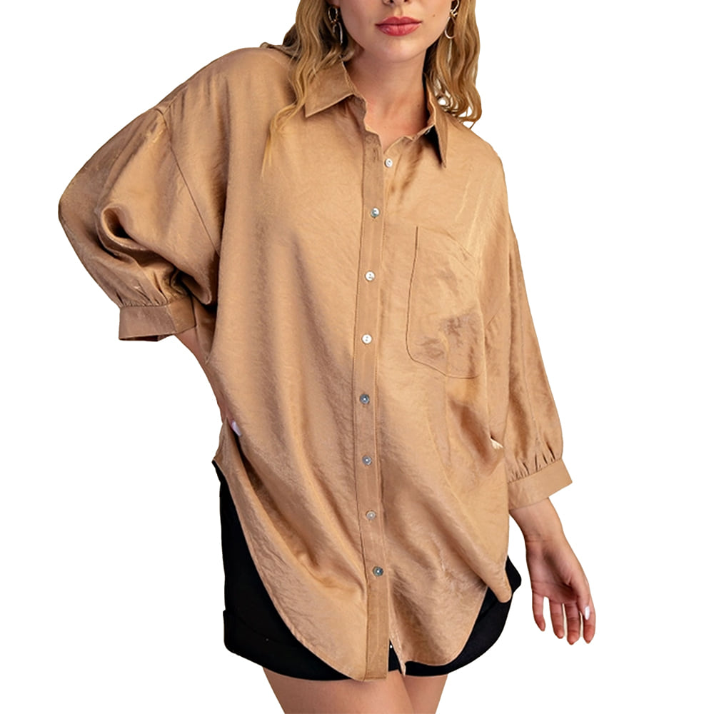 Glam Apparel Brown / S Glam Women's Collar Neck Oversized Shirt