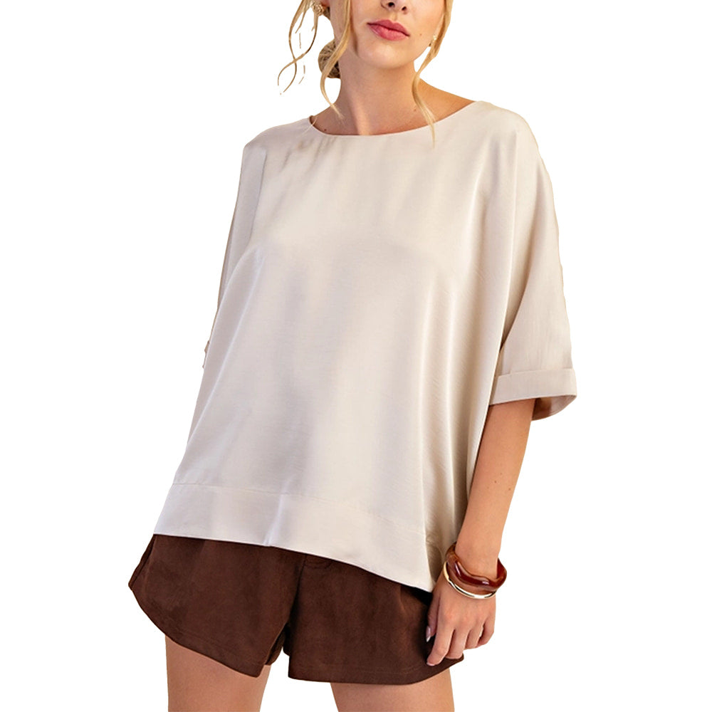 Glam Apparel Cream / S Glam Women's Round Neck Oversized Top
