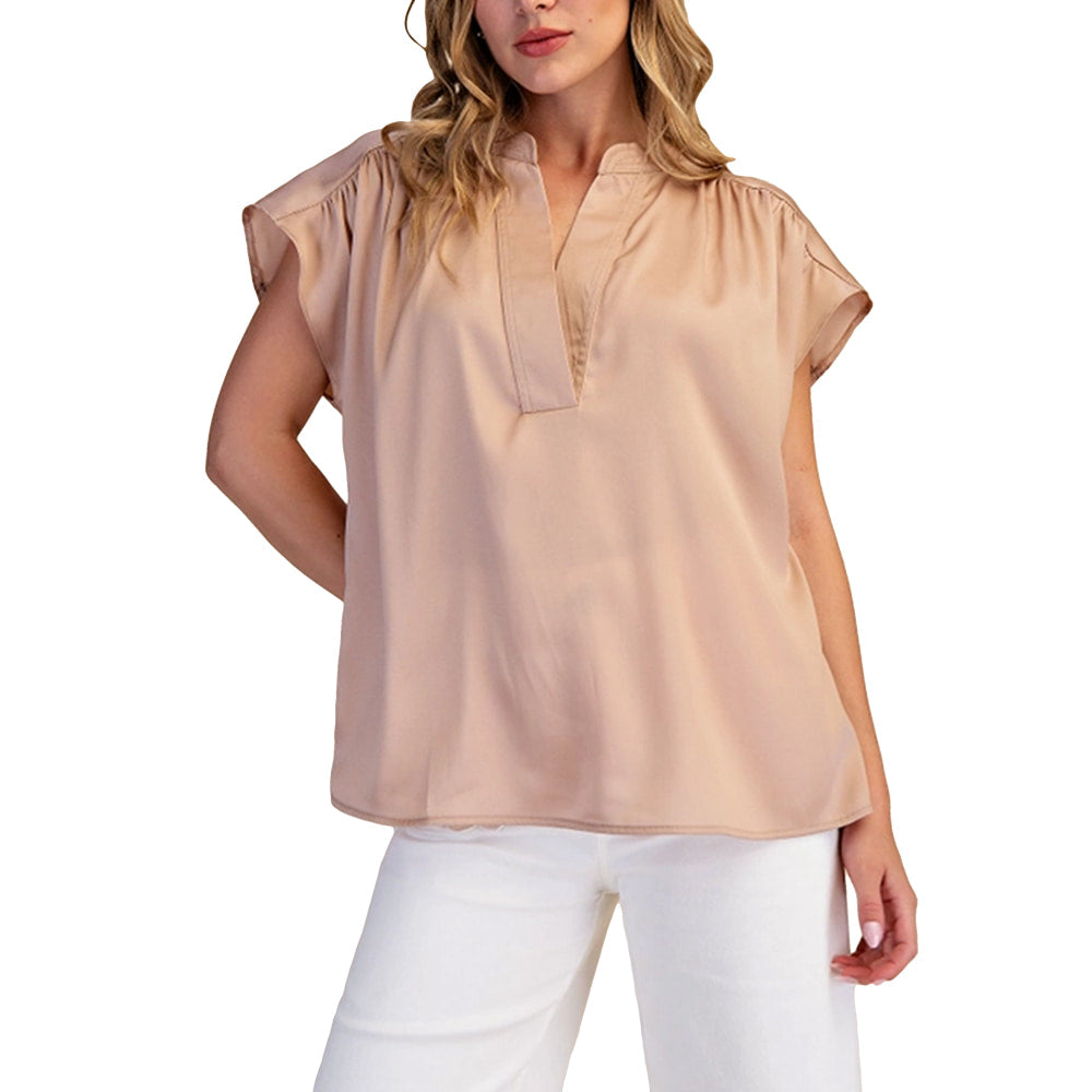 Glam Apparel Glam Women's V Neck Taupe Cap Sleeve Top