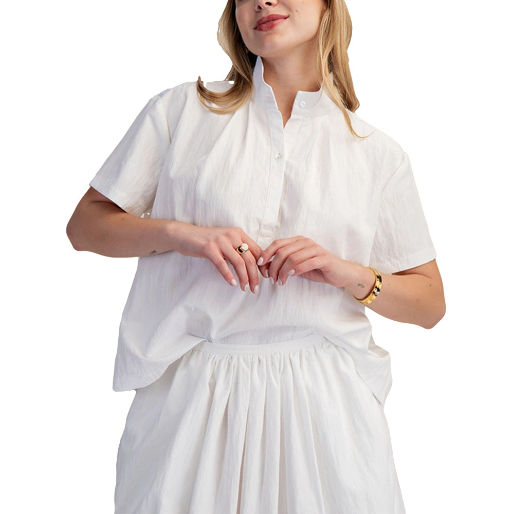 Glam Apparel Glam Women's White Stand Collar Short Sleeve Shirt
