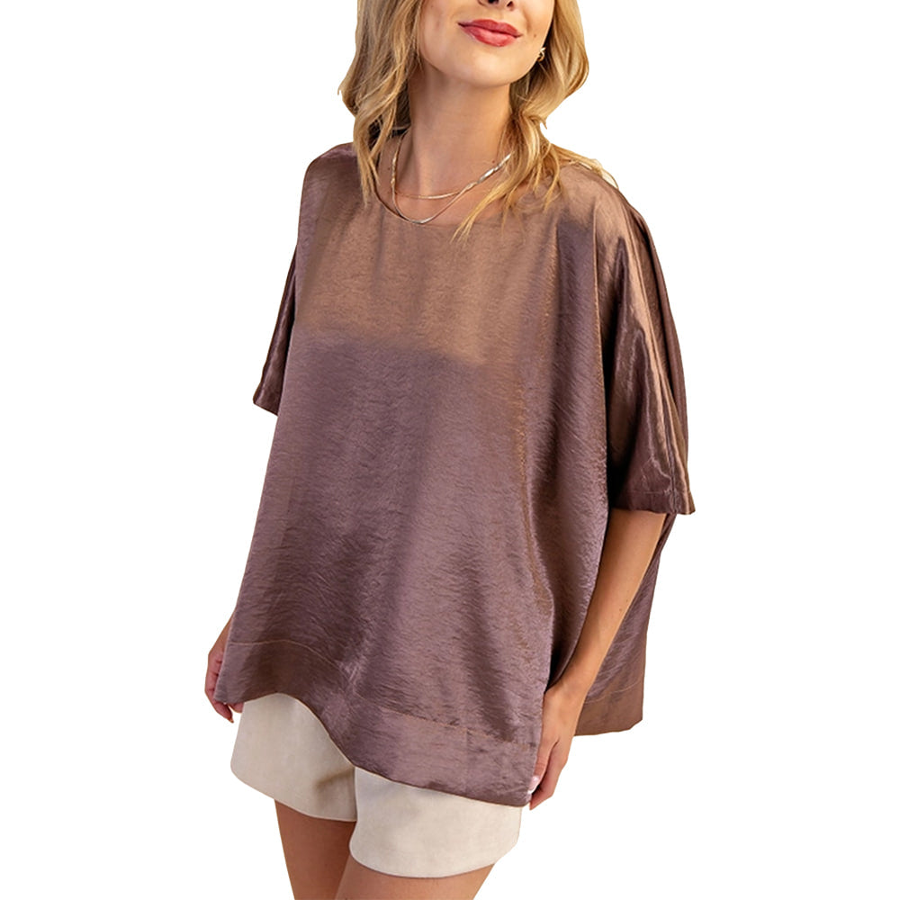 Glam Apparel Mocha / S Glam Women's Round Neck Oversized Top