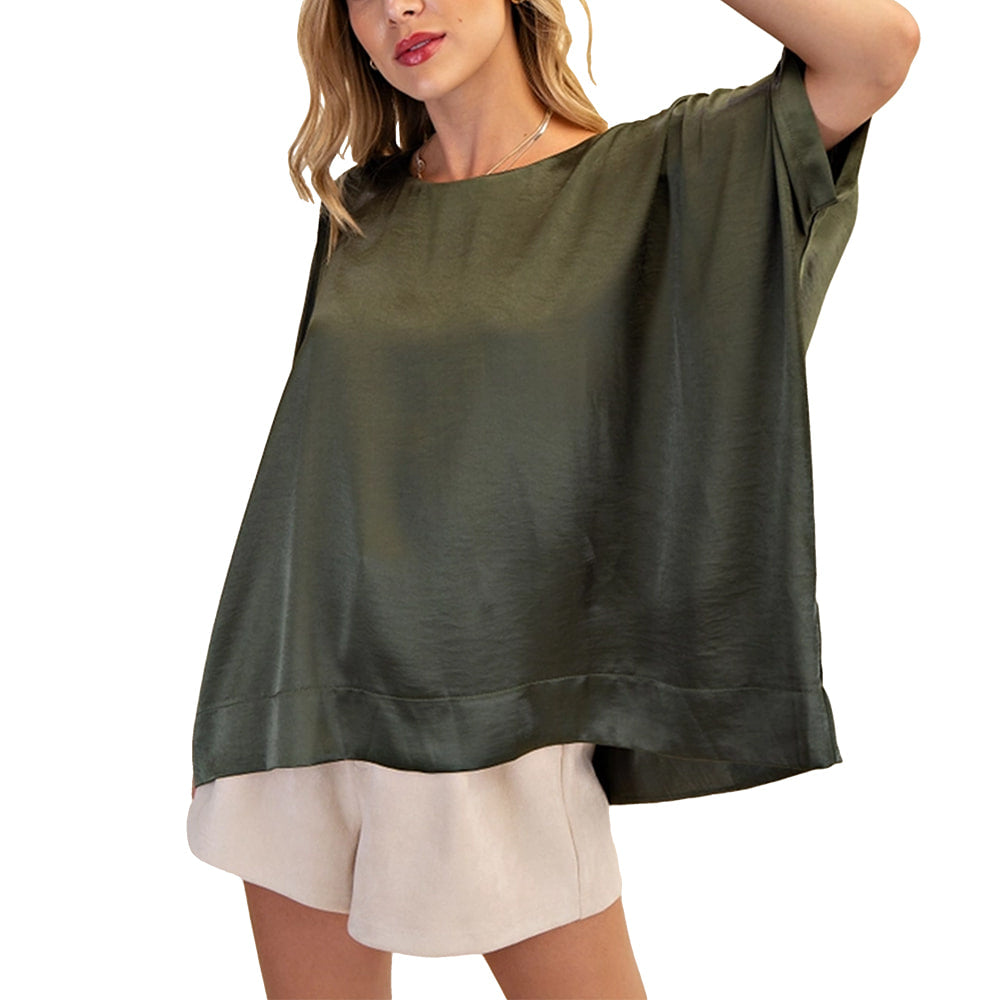 Glam Apparel Olive / S Glam Women's Round Neck Oversized Top