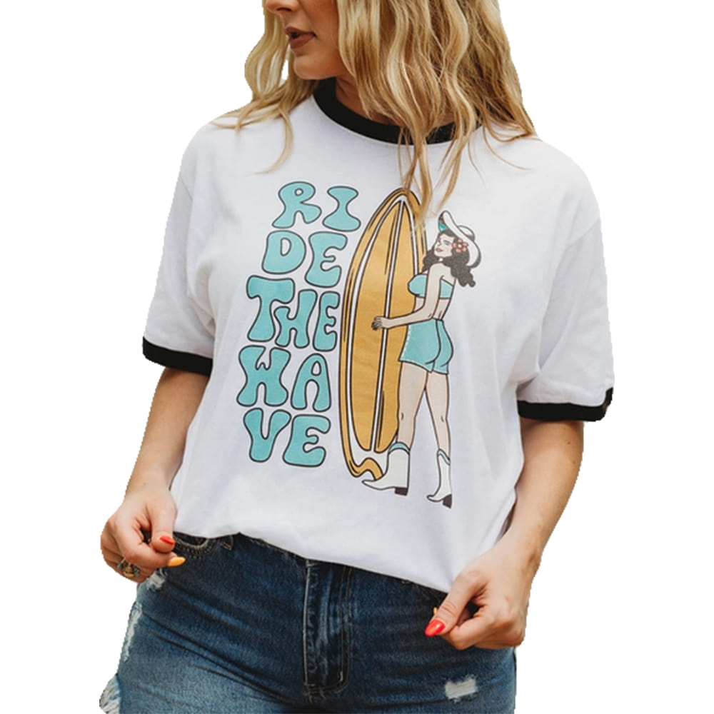 HANK SCOOT Apparel WOMENS RIDE THE WAVE RINGER GRAPHIC TEE IN WHITE