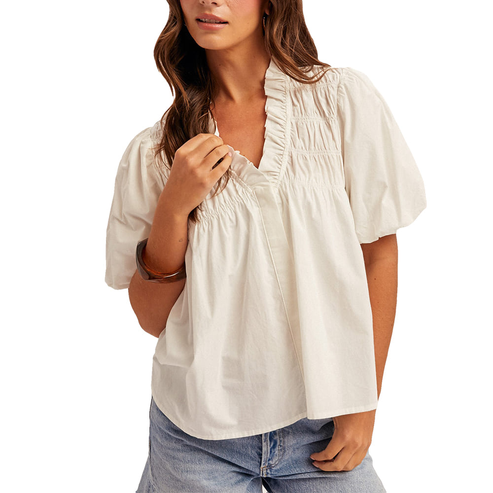 Hem And Thread Apparel Hem and Stead Women's Ivory Yoke Smocked Poplin Blouse