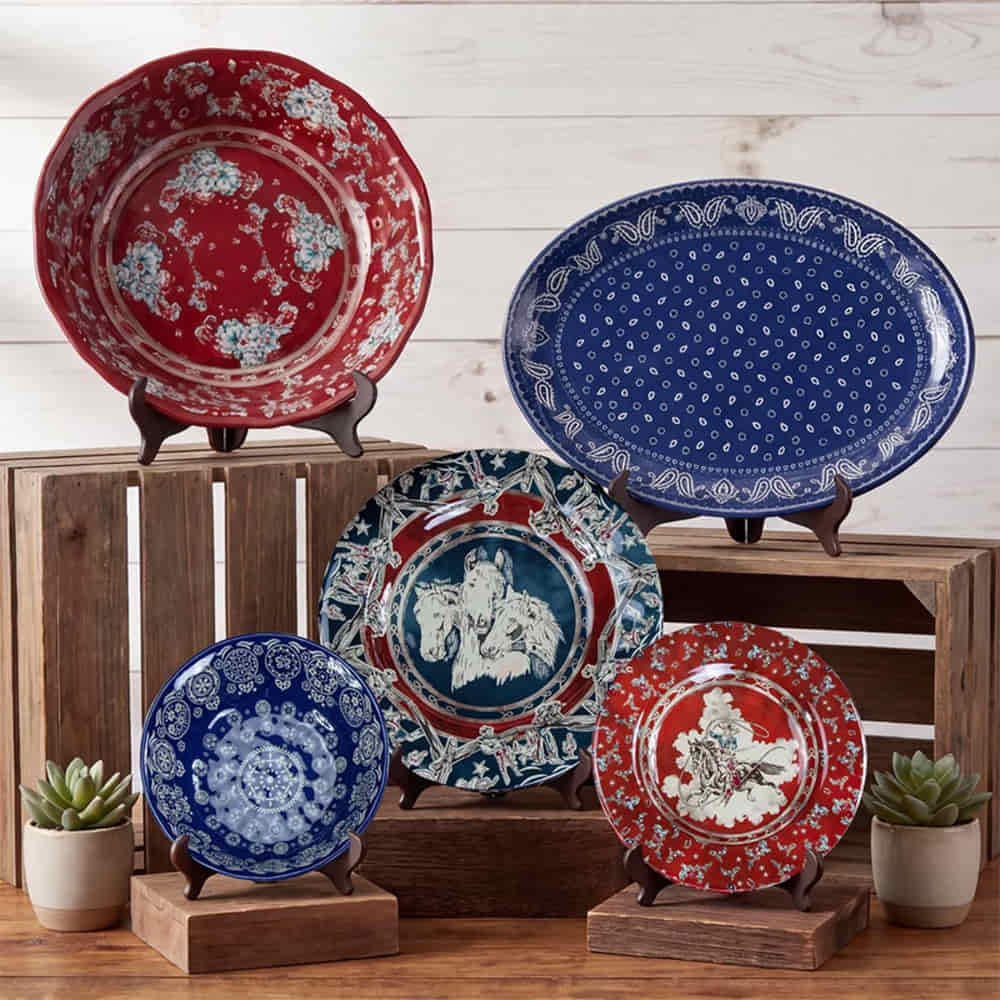 HiEnd Accents Home Decor Patchwork Bandana Melamine Dinnerware Set, Western Americana, 14PC,