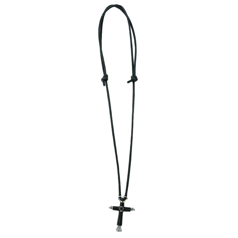 Horseshoe Nail Cross Jewelry Black Wire Wrapped Nail Cross Necklace - Black