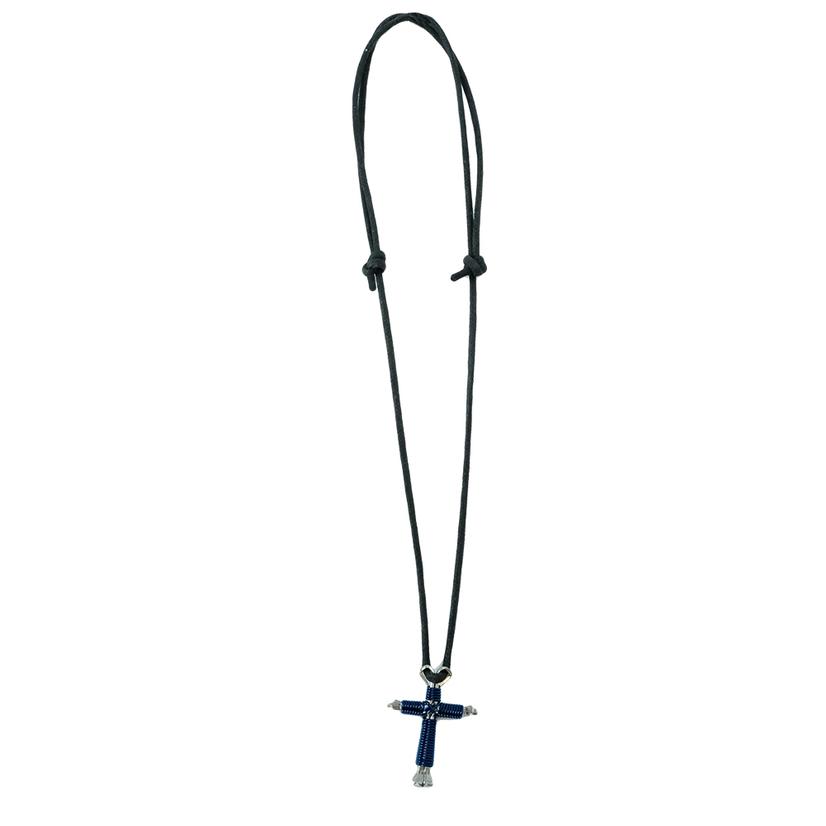 Horseshoe Nail Cross Navy Wire Wrapped Nail Cross Necklace - Navy