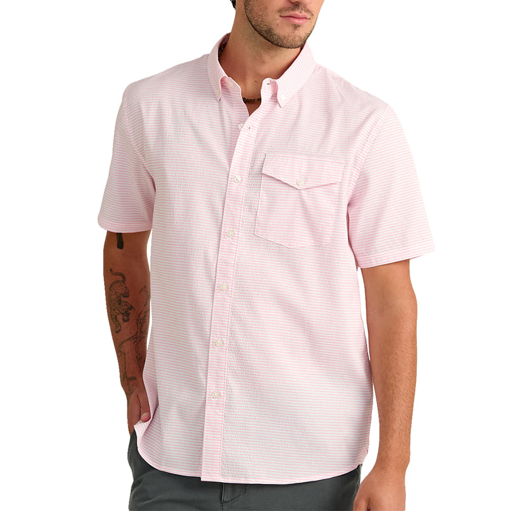 Huk Apparel MENS CHATHAM SHORT SLEEVE SEERSUCKER SHIRT IN OLEANDER