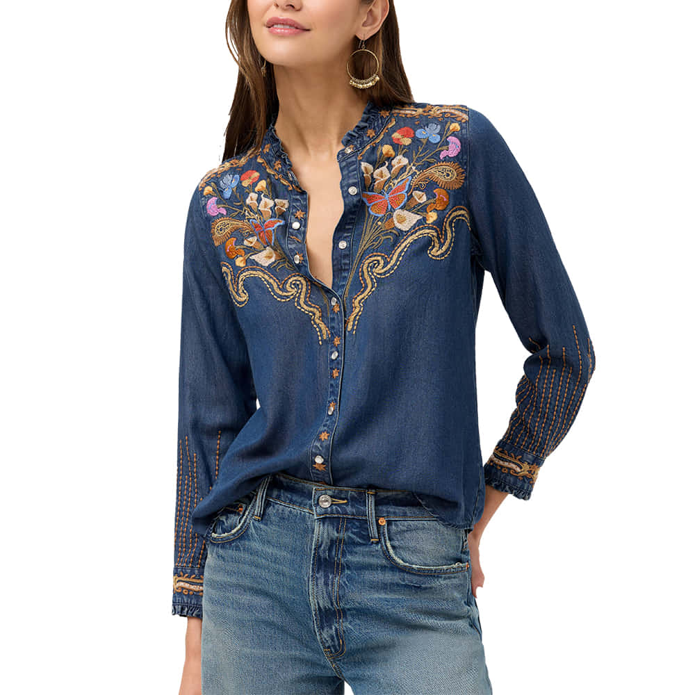 Johnny Was Apparel Johnny Was Denim Blue Durango Ruffle Neck Shirt