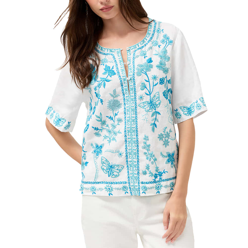 Johnny Was Apparel Johnny Was Fiona Linen in White Split Neck Blouse