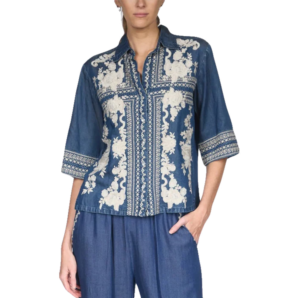 Johnny Was Apparel Johnny Was Randal Blue Denim Short Kimono Sleeve Shirt