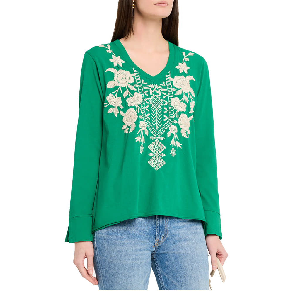 Johnny Was Apparel Johnny Was Women's Carmelita Slit Sleeve Tee in Green Tambourine