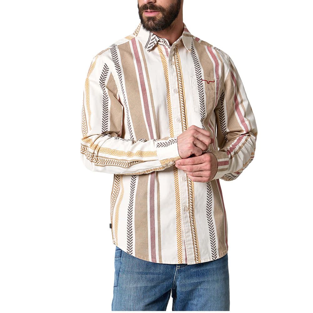 Kimes Ranch Apparel Kimes Ranch Mens Double Tap Stripe Long Sleeve Button Down Shirt in Natural