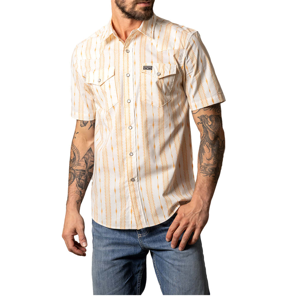 Kimes Ranch Apparel Kimes Sonny Men's Striped Short Sleeve Snap Shirt in Orange