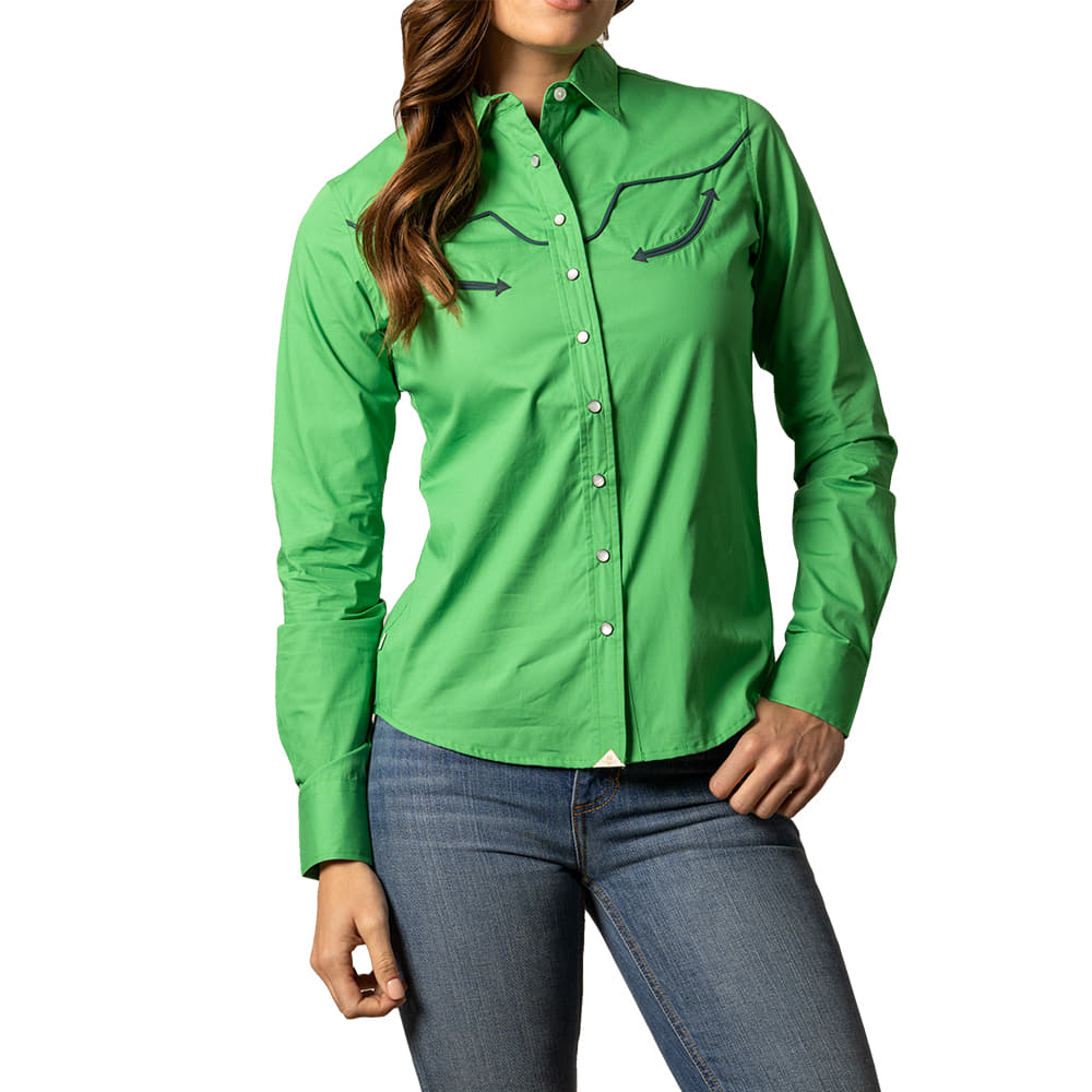 Kimes Ranch Apparel Kimes Women's Longhorn Coolmax Long Sleeve Snap Shirt in Kelly Green