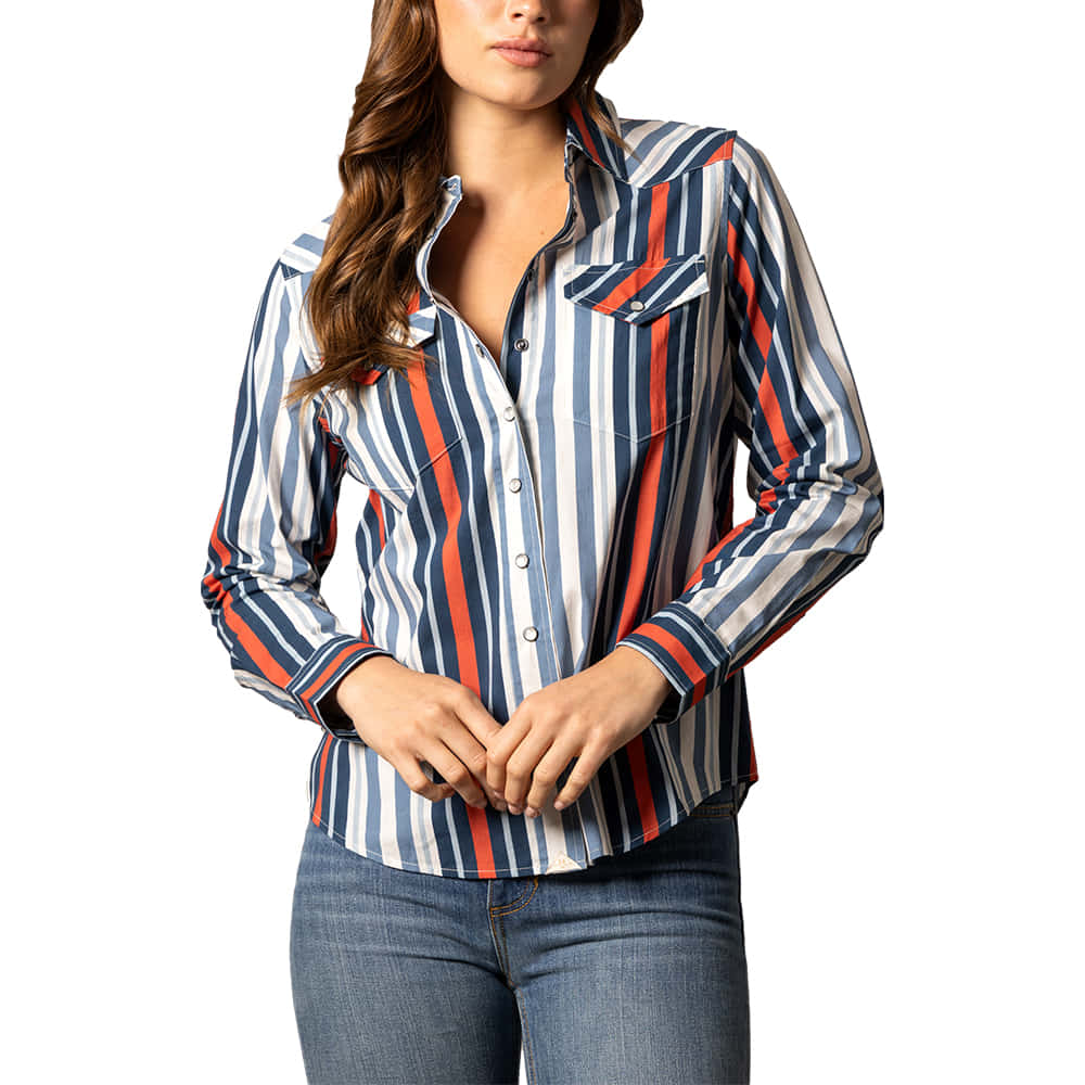 Kimes Ranch Apparel WOMENS LONG SLEEVE SNAP KAI STRIPED SHIRT IN BLUE
