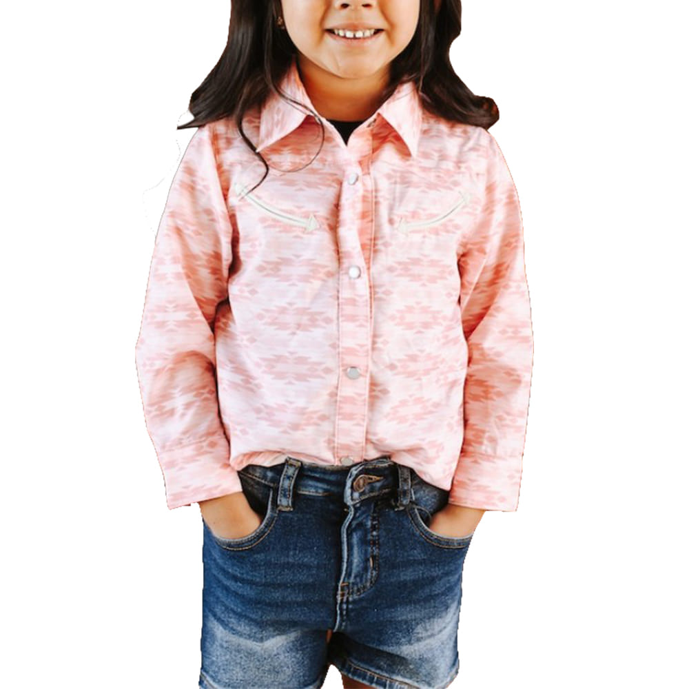 Lucky and Blessed Apparel Girls Pink Aztec Printed Pearl Snap Button Down Arrow Embroidery Western Shirt