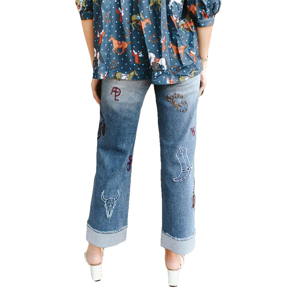 Lucky and Blessed Apparel Womens Horse Embroidered Cuffed Raw Edge Boyfriend Mid Rise Jeans