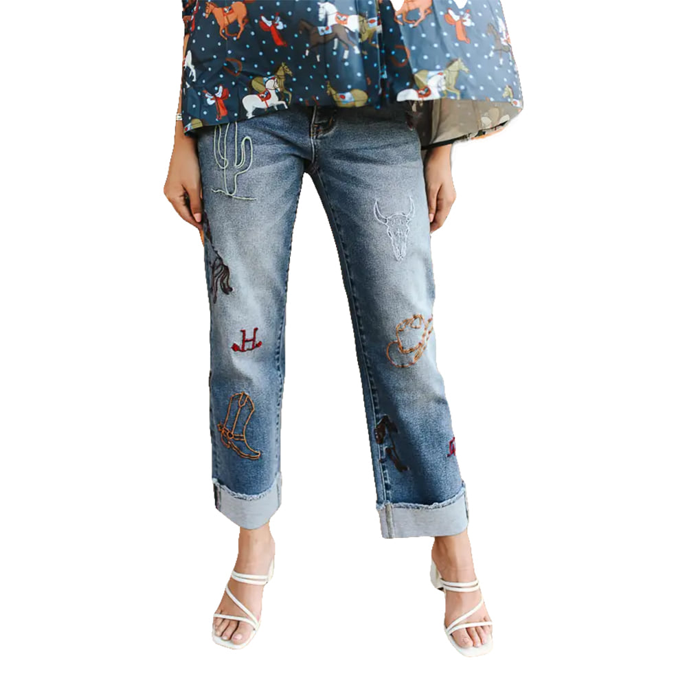 Lucky and Blessed Apparel Womens Horse Embroidered Cuffed Raw Edge Boyfriend Mid Rise Jeans