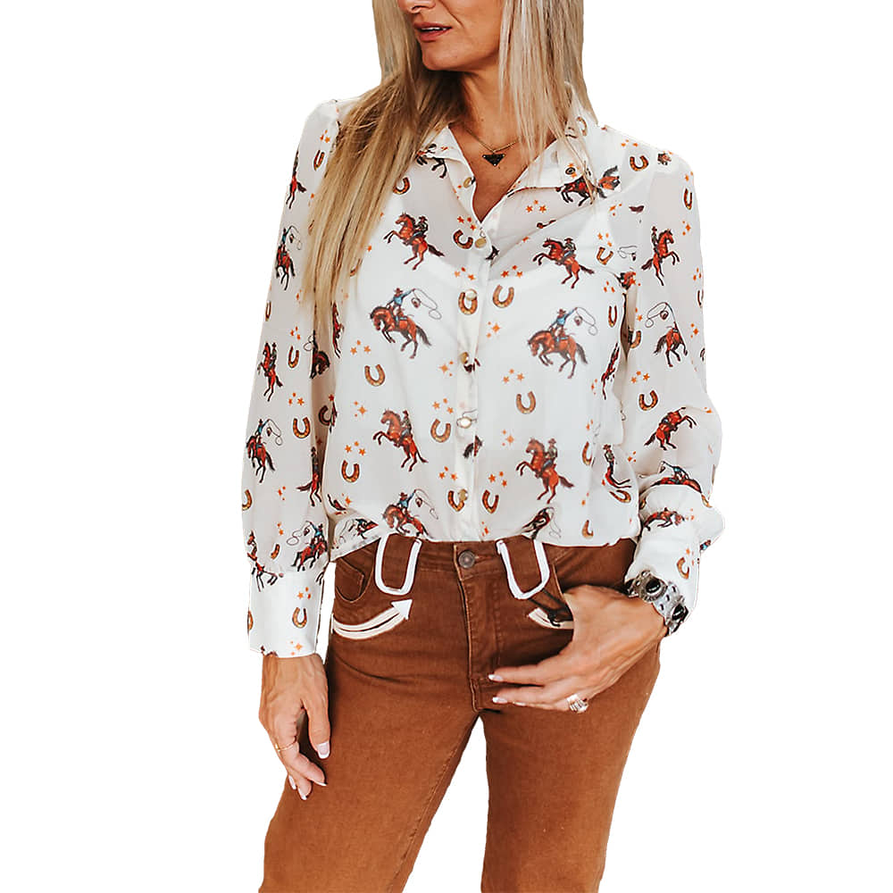 Lucky & Blessed Apparel Cream Horse Chiffon Button Down Pearl Snap Long Sleeve Collared Shirt