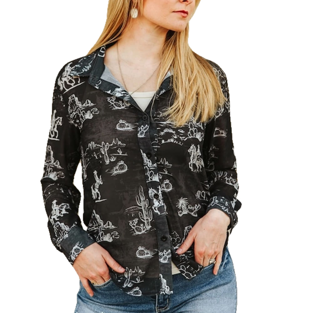 Lucky & Blessed Apparel Lucky & Blessed Women's Black Western Desert Print Button-Down Shirt
