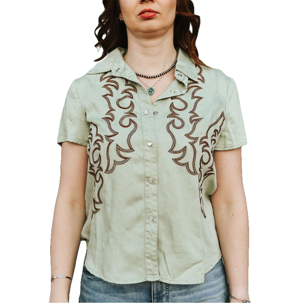 Lucky & Blessed Apparel Lucky & Blessed Women's Mint Boot Stitch Embroidered Short Sleeve Shirt