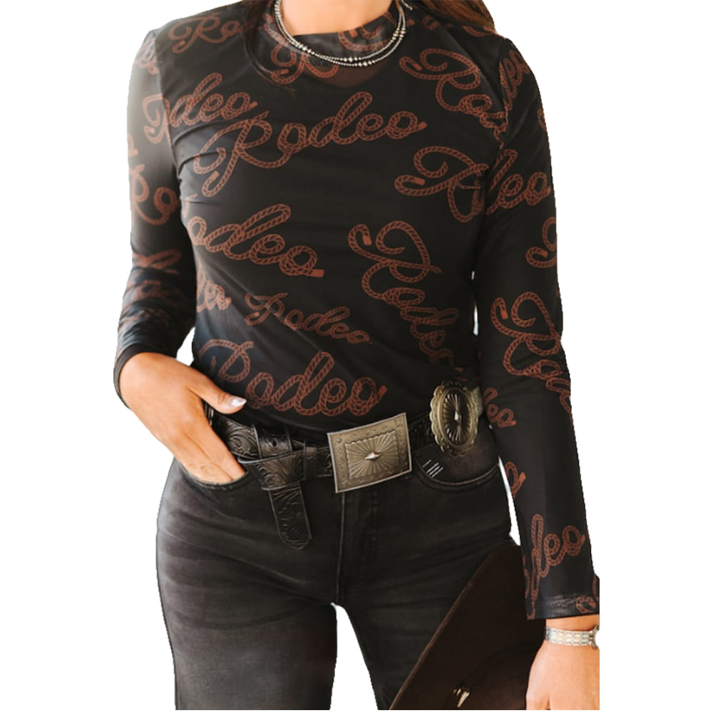 Lucky & Blessed Apparel Womens Black Rodeo Printed Long Sleeve Mesh Top