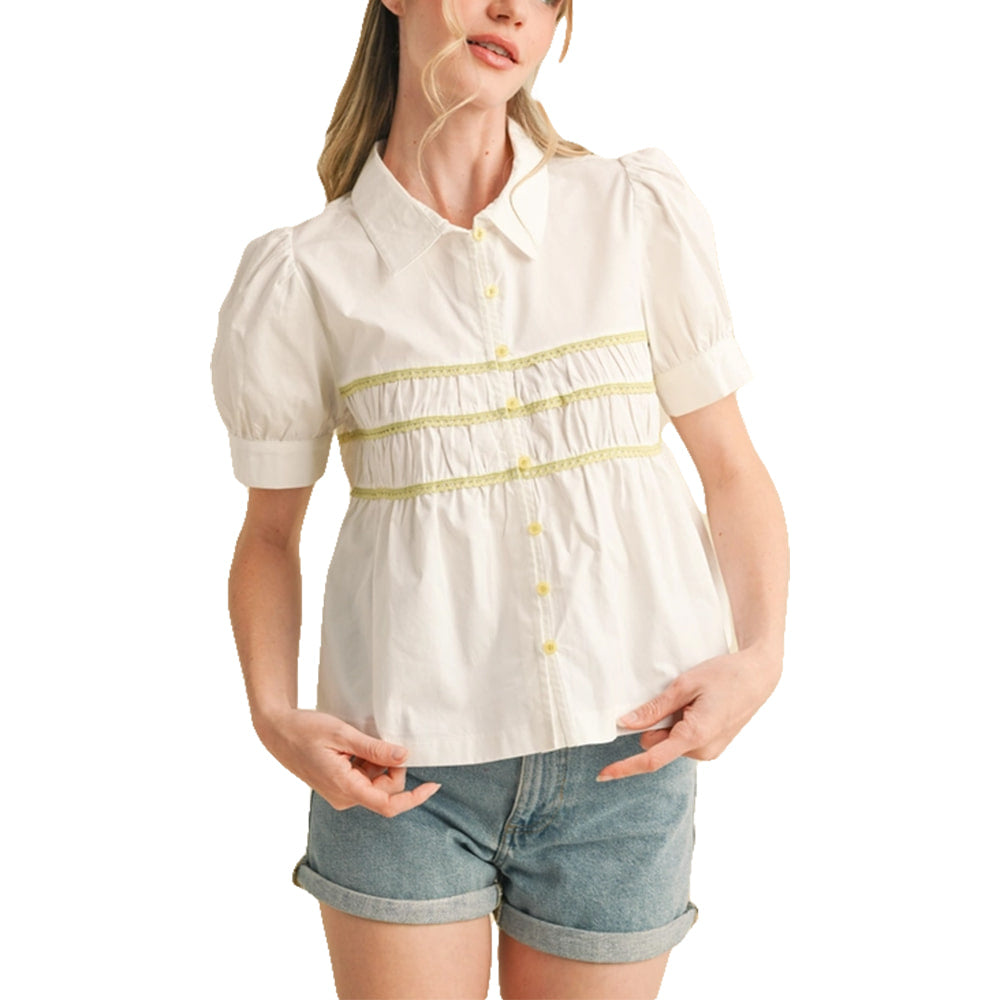 Merci Apparel Button Down Lace Trim Top